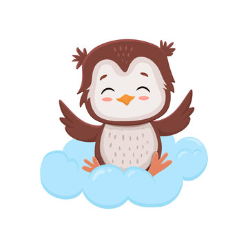 Cute cartoon owl on cloud isolated on white background