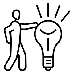 Brilliant inventor, creative man invented a successful idea. Innovation, success. A man touches the light bulb hand. Vector icon, outline, isolated.