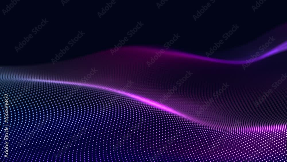Poster Dynamic wave of color particles. Digital technology background. 3d rendering. Seamless loop. 4k