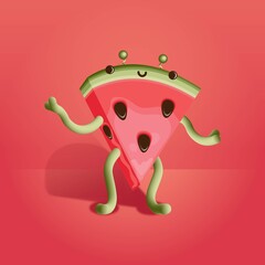 happy watermelon slice character on red background