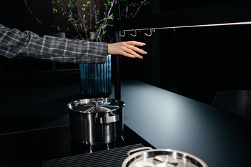 Dark expensive kitchen with built-in appliances. Brown veneer. Pots and pans.