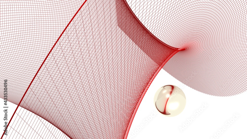 Poster abstract red grid surface on white background with a golden sphere - 3d rendering illustration
