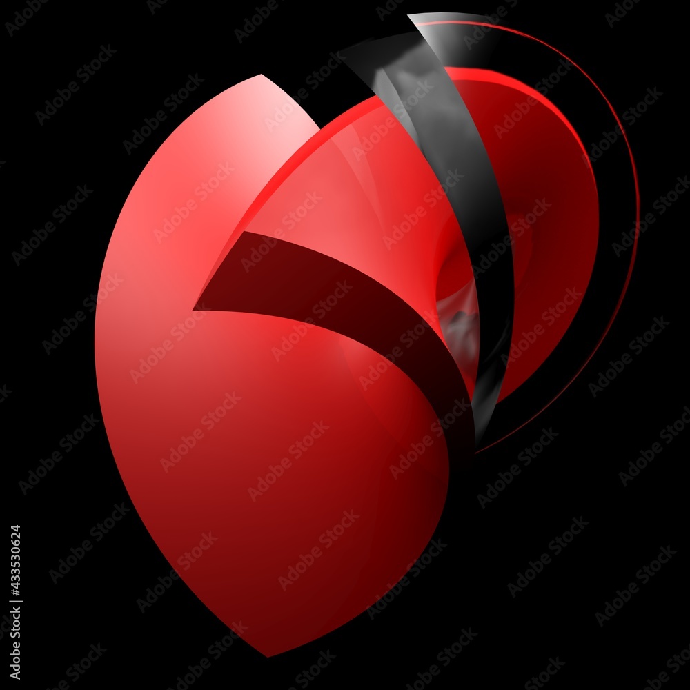 Poster red heart shaped abstract icon with red and glass surface on black background - 3d rendering illustr