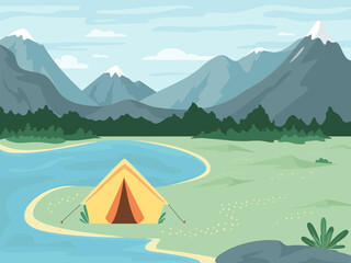 Camping landscape. Vector Concept of Outdoor recreation, adventures in nature, family vacation. Tent, lake, forest and rocky mountains background. Climbing, Trekking, Hiking, Walking