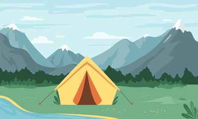 Camping landscape. Vector Concept of outdoor recreation, family vacation, adventures in nature. Tent, lake, forest and rocky mountains background. Climbing, Treking, Hiking, Walking