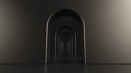 Brown arch hallway corridor abstract background minimal conceptual 3D rendering. 3Dillustration. 3D CG.