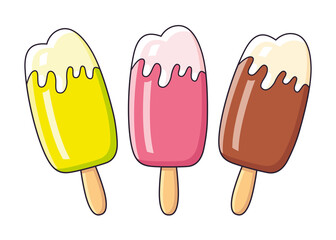 Yellow, pink and chocolate ice cream sundae popsicle on a stick isolated.