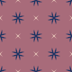 Simple vector geometric floral texture. Abstract seamless pattern with flower silhouettes, crosses, stars. Elegant minimal ornament. Dusty rose, navy blue and beige color background. Repeated design