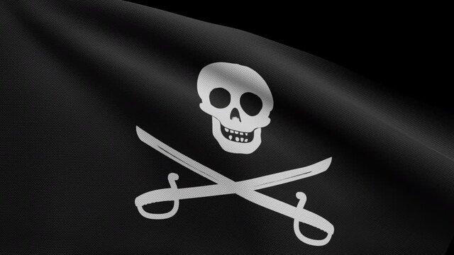 3D, Alpha channel fabric texture pirate skull with sabers flag waving in wind. Calico Jack pirate symbol for hacker and robber concept. Realistic flag of Pirates black on the wavy surface-Dan
