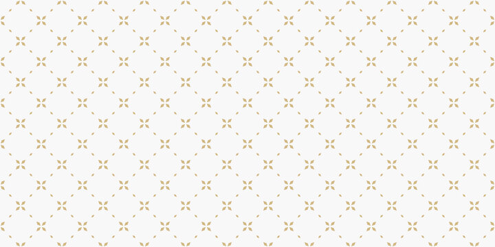 Golden minimal floral geometric seamless pattern. Simple vector white and gold abstract background with small flowers, tiny crosses, grid, lattice. Subtle minimalist repeat wide texture. Luxury design