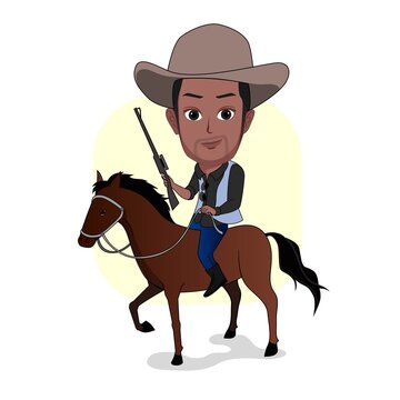 cartoon caricature vector illustration of a man in black riding a horse in a cowboy outfit from a side view and holding a rifle isolated on a white background.