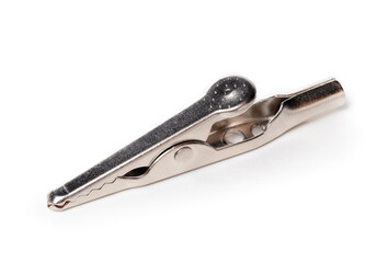 Alligator clip or craft wire clip. Perspective view. Used for creating a temporary electrical...