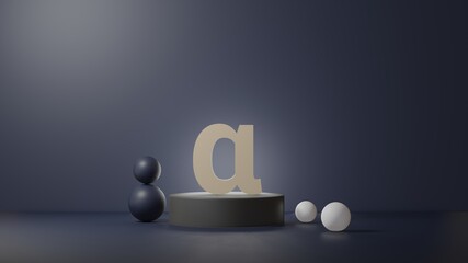 Alfa physics symbol in podium and dark blue background. 3D Illustration of object sign in physics