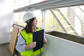 experienced woman architect, constructor engineer in protective white helmet controls the object at the construction site for the renovation of buildings, civil engineering concept