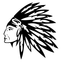 Silhouette of an Indian chief in a headdress with feathers. The design is suitable for logo, decor, paintings, emblem, symbol, amulet, stencil, tattoo, print on T-shirts and clothing. Isolated vector  - obrazy, fototapety, plakaty