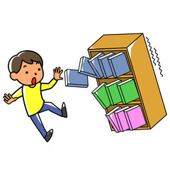 地震で転倒する本棚と驚く男性