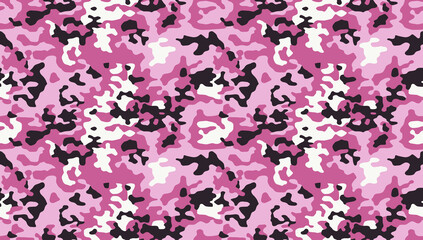 Fototapeta premium Fashionable camouflage pattern. Military fabric design. Seamless background, masking clothing, camo repeat print. Pink and black color. Vector wallpaper.