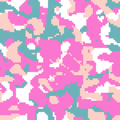 Fototapeta na wymiar Digital pixel camo, seamless pattern for your design. Bright pink and emerald coloring camouflage, modern fabric print. Abstract repeating wallpapers. Vector texture