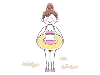 浮き輪を持った水着の女性のイラスト