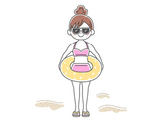 浮き輪を持った水着の女性のイラスト