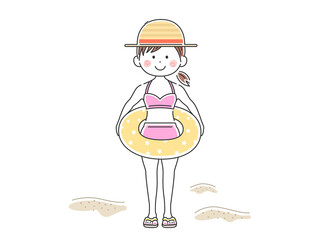 浮き輪を持った水着の女性のイラスト