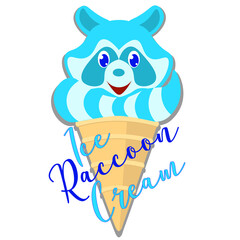 cute blue raccoon with a striped tail ice cream in cone