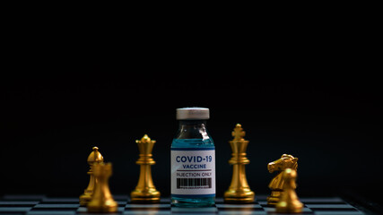 Preventing business damage Concept, Chess and Vials with coronavirus vaccine on black background, Space for text.