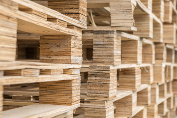 Selective focus of Pattern old wood pallet pile  texture background