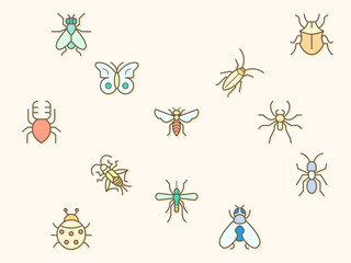 Insect and bug element Vector illustration. cockroach, Butterfly, Spider, Mosquito, Pitcher bug, Cricket, fly, Ant, bee and more. Flat illustration.