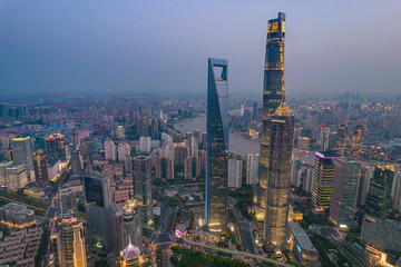 Night view of Lujiazui, the financial district in Shanghai, China, aerial shot.