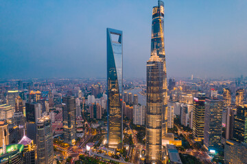 Fototapeta na wymiar Night view of Lujiazui, the financial district in Shanghai, China, aerial shot.