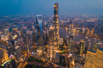 Fototapeta na wymiar Night view of Lujiazui, the financial district in Shanghai, China, aerial shot.