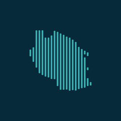 Vector abstract map of Tanzania with blue straight rounded lines isolated on a indigo background.
