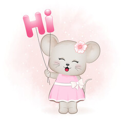 Fototapeta premium Cute little mouse with balloons. Say HI concept