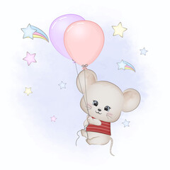 Cute little mouse with balloons on the sky watercolor illustration