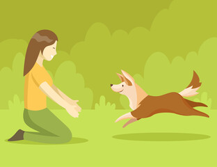 Happy girl playing with dog in park cartoon flat illustration. Female character smiling and sitting on grass, puppy running towards. Pets, domestic animals, lifestyle concept