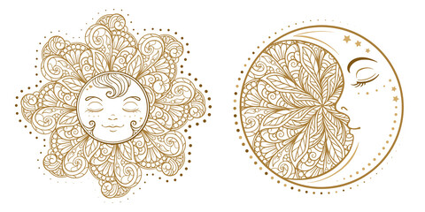 Ethnic sun and moon symbols. Temporary tattoo set.