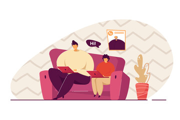 Father and son with laptops having video chat with grandfather. Man and boy using computers at home. Flat vector illustration. Family, communication, technology concept for banner design, landing page