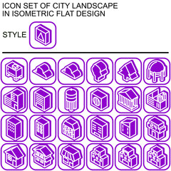 City landscape icon set in isometric flat design with white lines, purple fills, purple outline, drop shadow of the purple on a round square of purple line and white fill background.