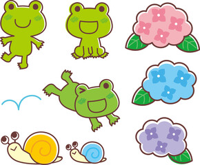 カエルと梅雨のイラストセット＿ライン有り