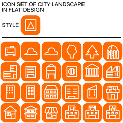 City landscape icon set in flat design with white lines, orange fills on a round square of orange line and orange fill background.