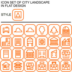 City landscape icon set in flat design with orange lines, white fills on a round square of orange line and white fill background.