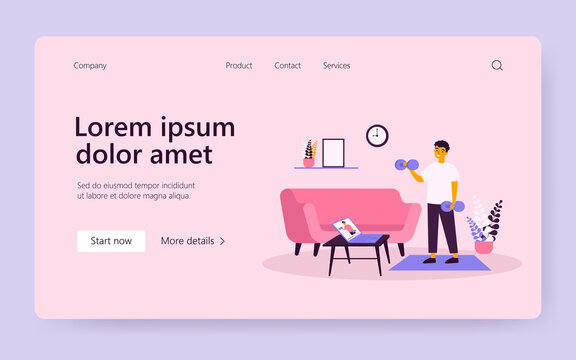 Happy man watching online sport webinar and doing exercises at home, lifting weight at laptop, keeping fit during coronavirus lockdown. For active lifestyle, virtual gym concept