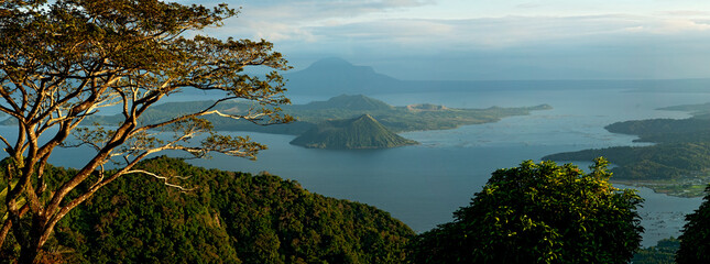 Taal Lake in Batangas, Philippines showing Taal Volcano in a panoramic view, late afternoon.
