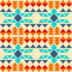 Native american seamless pattern of rhombus and triangle combinations in full color, blue, light blue, orange, red orange, cream background.