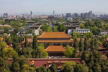 An aerial view of architectural buildings and decorations at the Forbidden City (Palace Museum) in Beijing, China.