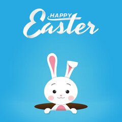 Greeting card Happy Easter day concept, Cute white rabbit pops out of the hole