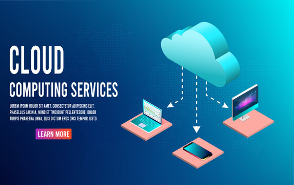 Isometric modern cloud computing and networking concept. Data protected on smart phone and online storage for .Web cloud technology business. Vector illustration eps10