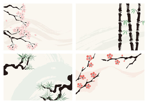和風 松 竹 梅 桜 かわいい 墨 背景装飾 イラスト 素材セット