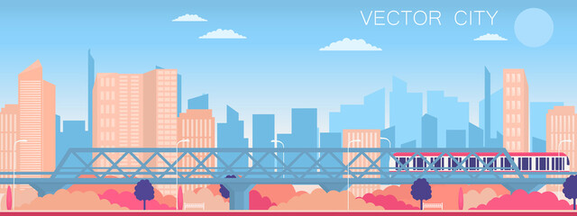City view with bridge and train. Evening city. Vector poster.